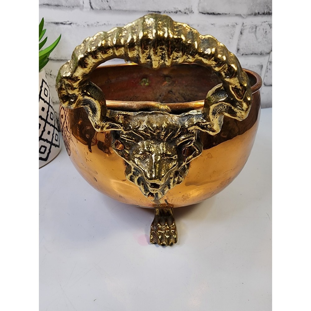 Antique English Copper Footed Coal Pot with Ornate Brass Handles (H)